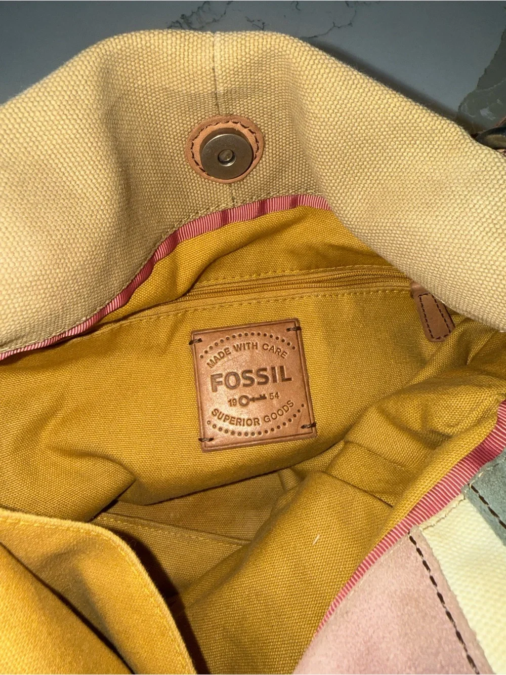 FOSSIL VINTAGE Canvas Chevron Hobo Bag in Tan, Cream, Gray & Pink